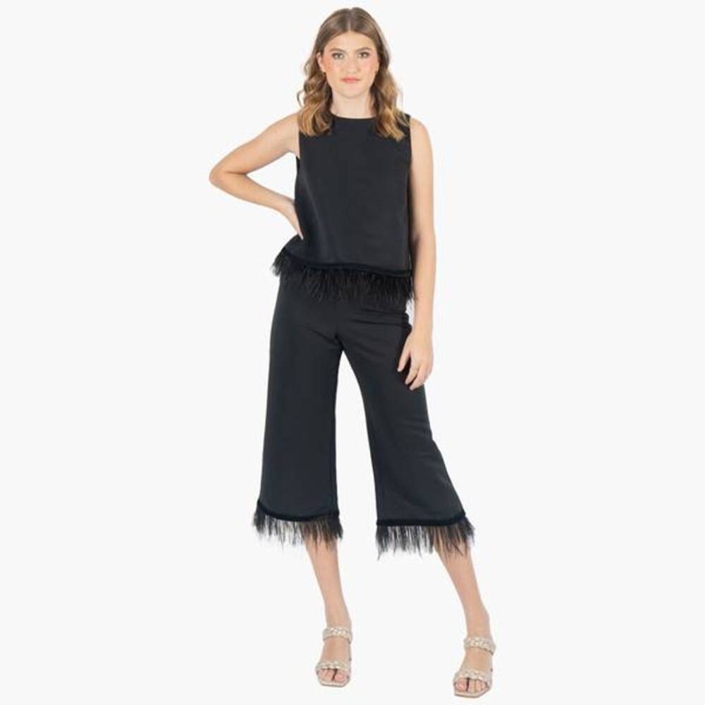 Emily McCarthy Black Feather Fringe Party Pant Small NWT Crop High Rise